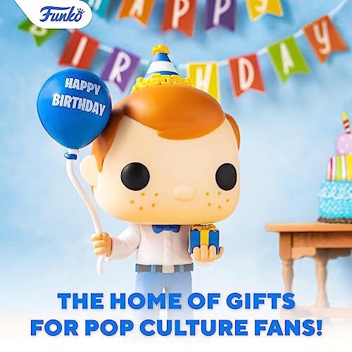 Funko POP! figure holding a balloon, orange party hat and 'Happy Birthday' bubble