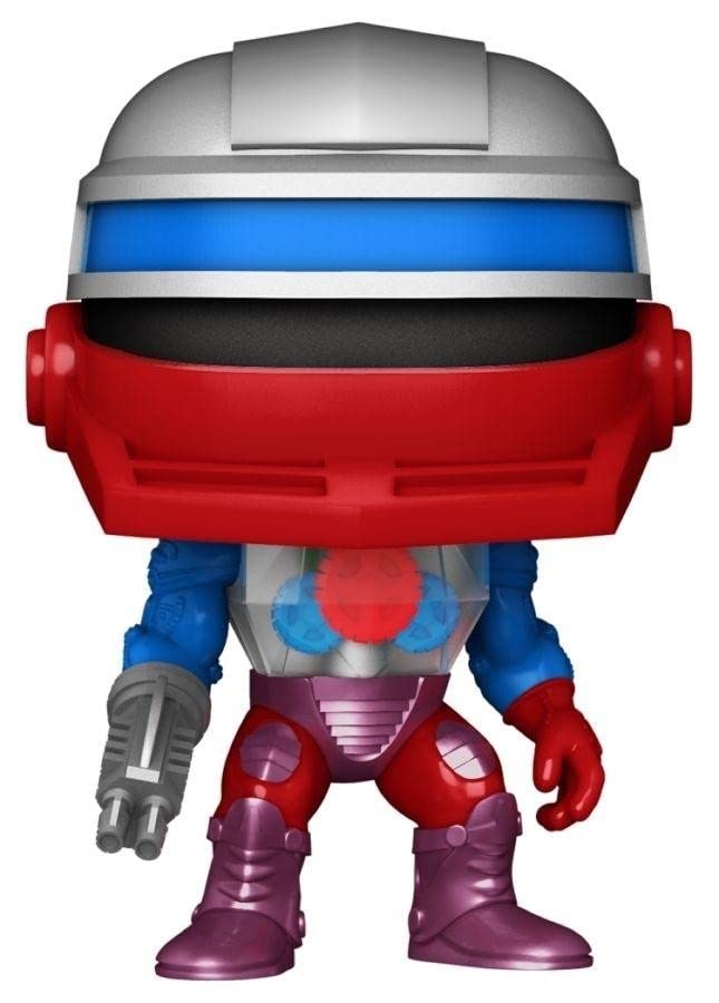 Close-up Roboto vinyl figure with gray helmet, red head armor, blue band, purple feet