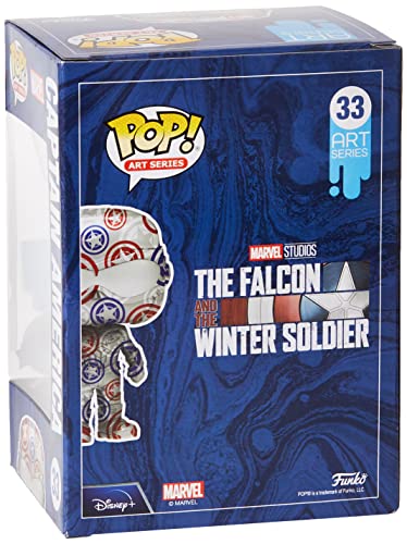 Boxed Captain America Funko POP art series packaging with character in red/blue pattern suit