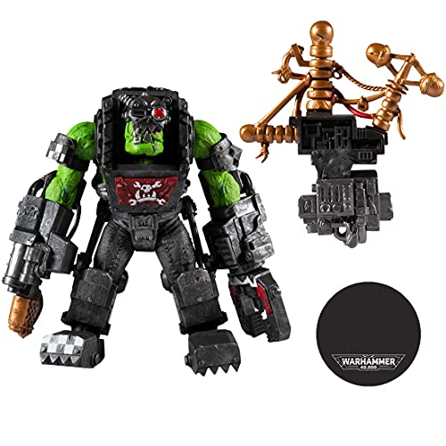 Ork Big Mek action figure with base and tool accessories, black armor with green highlights