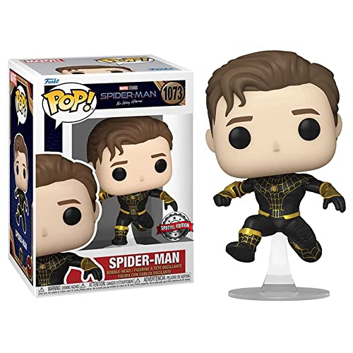 Spider-Man Funko Pop figure in black and gold suit, unmasked, with display stand