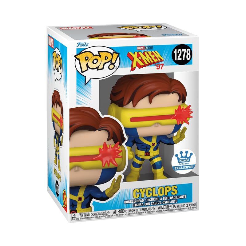 Cyclops Funko Pop figure in box, yellow visor with red eye beams, blue suit