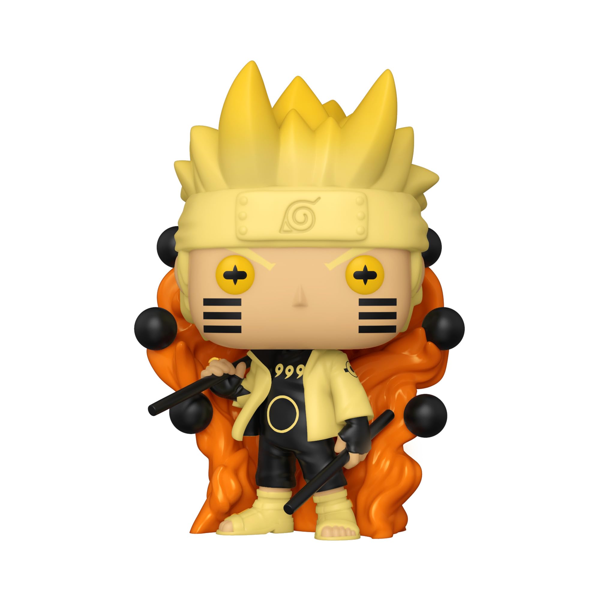Vinyl collectible ninja figure with spiky yellow hair, orange cloak, black outfit and sword