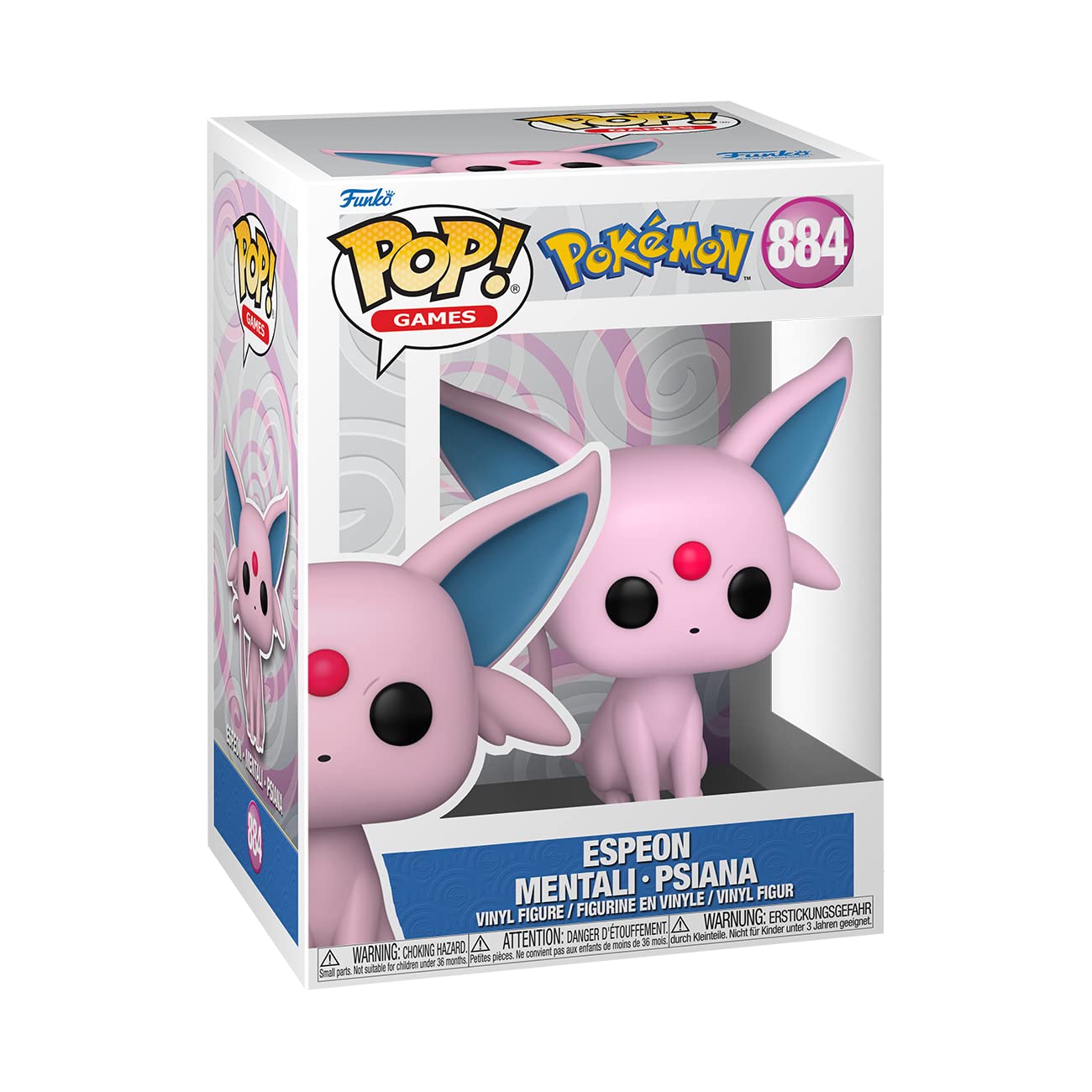 Boxed collectible vinyl figure showing a pink cat with blue ears and red forehead gem