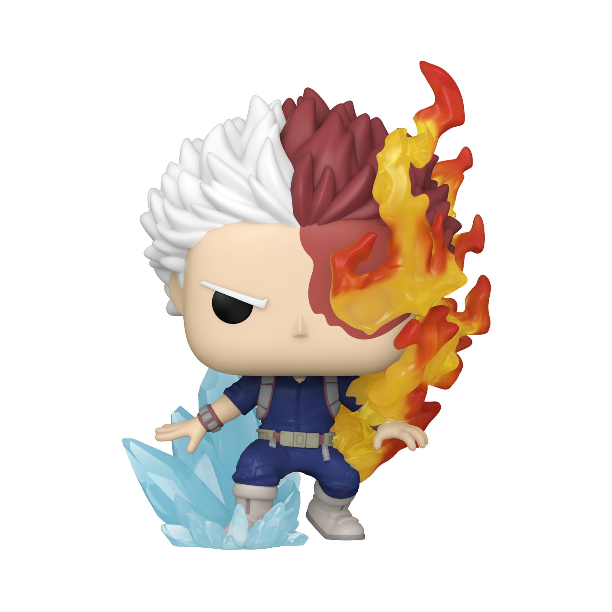 Collectible vinyl figure with maroon spiky hair, flame effect, and ice crystal base