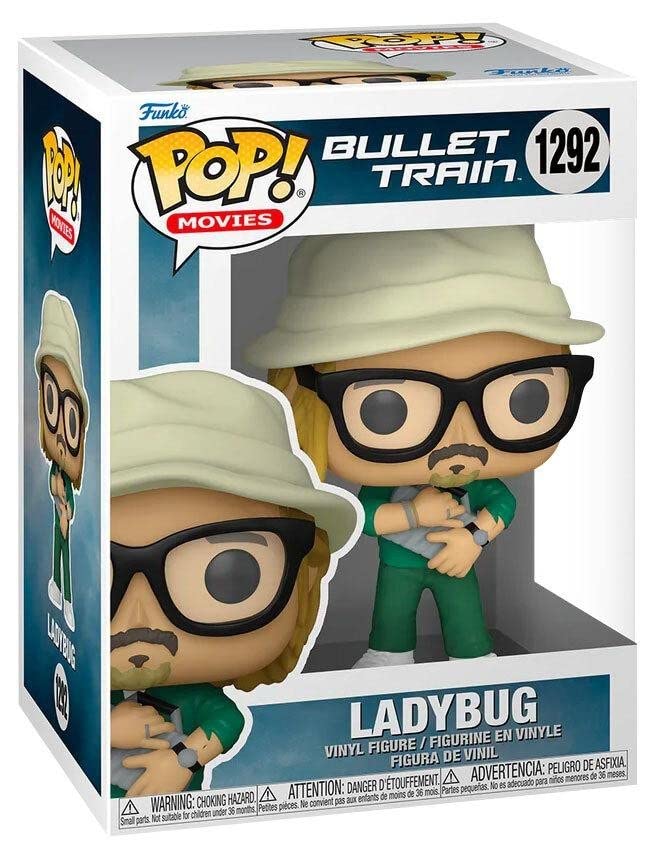 Funko Pop Bullet Train boxed Ladybug figure, cream hat, black glasses, green suit
