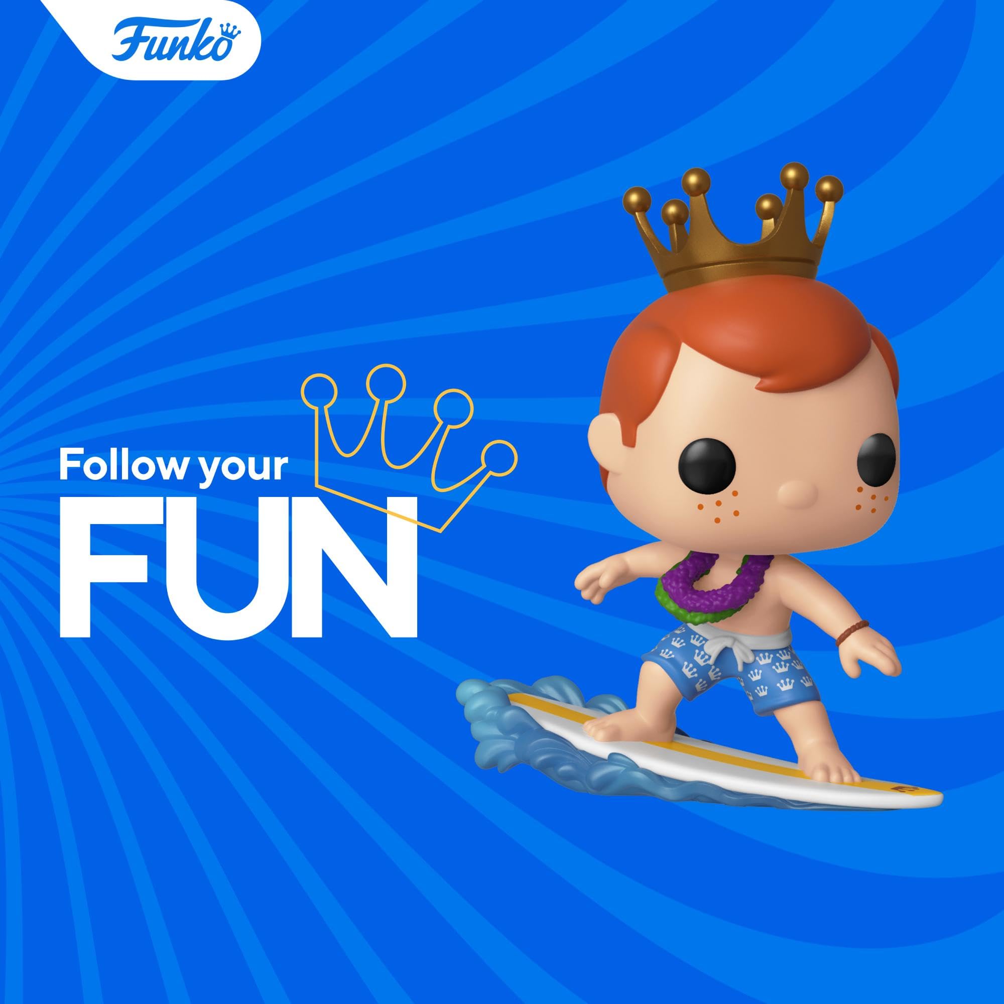 Funko Pop promotional graphic of an orange-headed character surfing with crown and strings