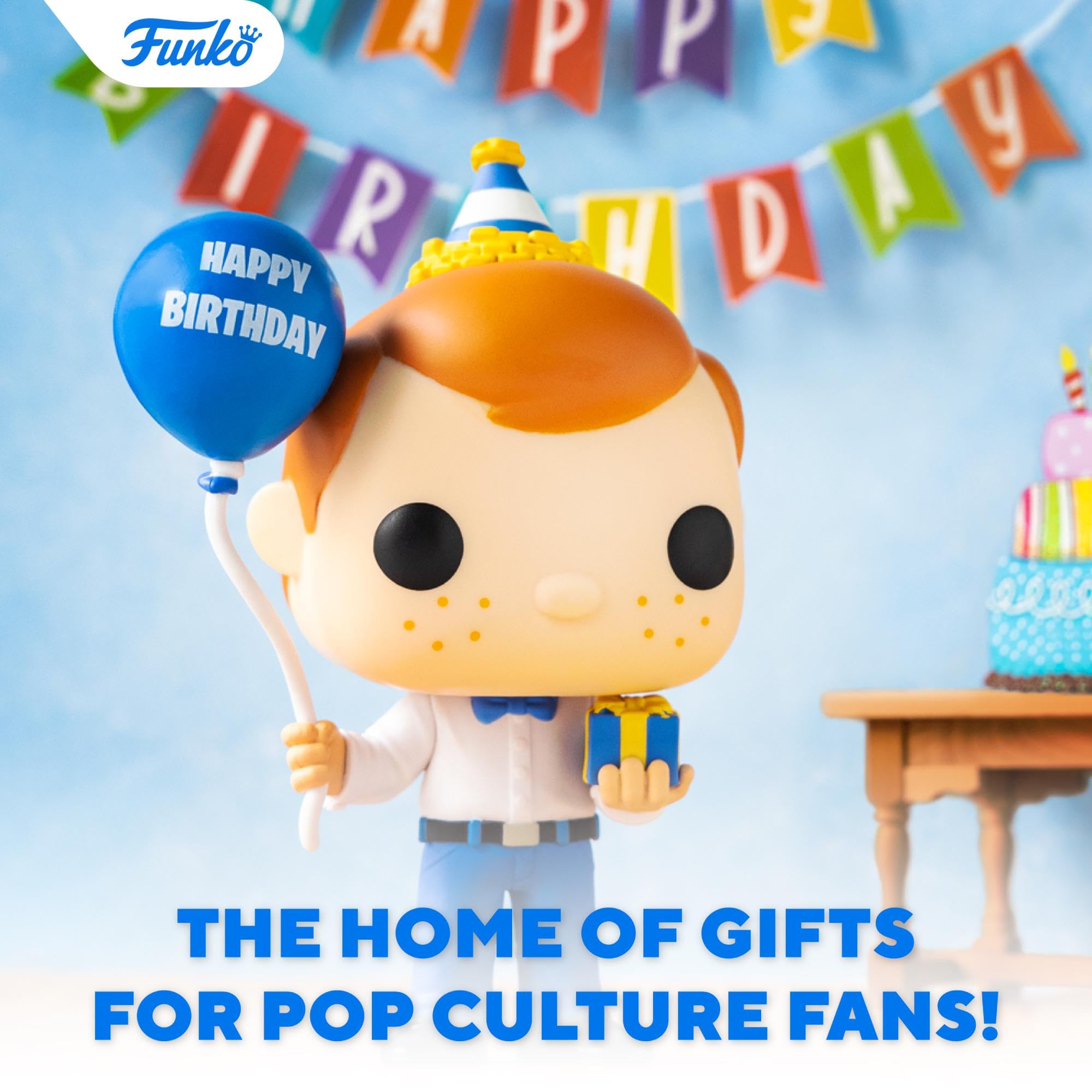 Funko Pop promotional graphic of a yellow-headed character holding balloons and a cake