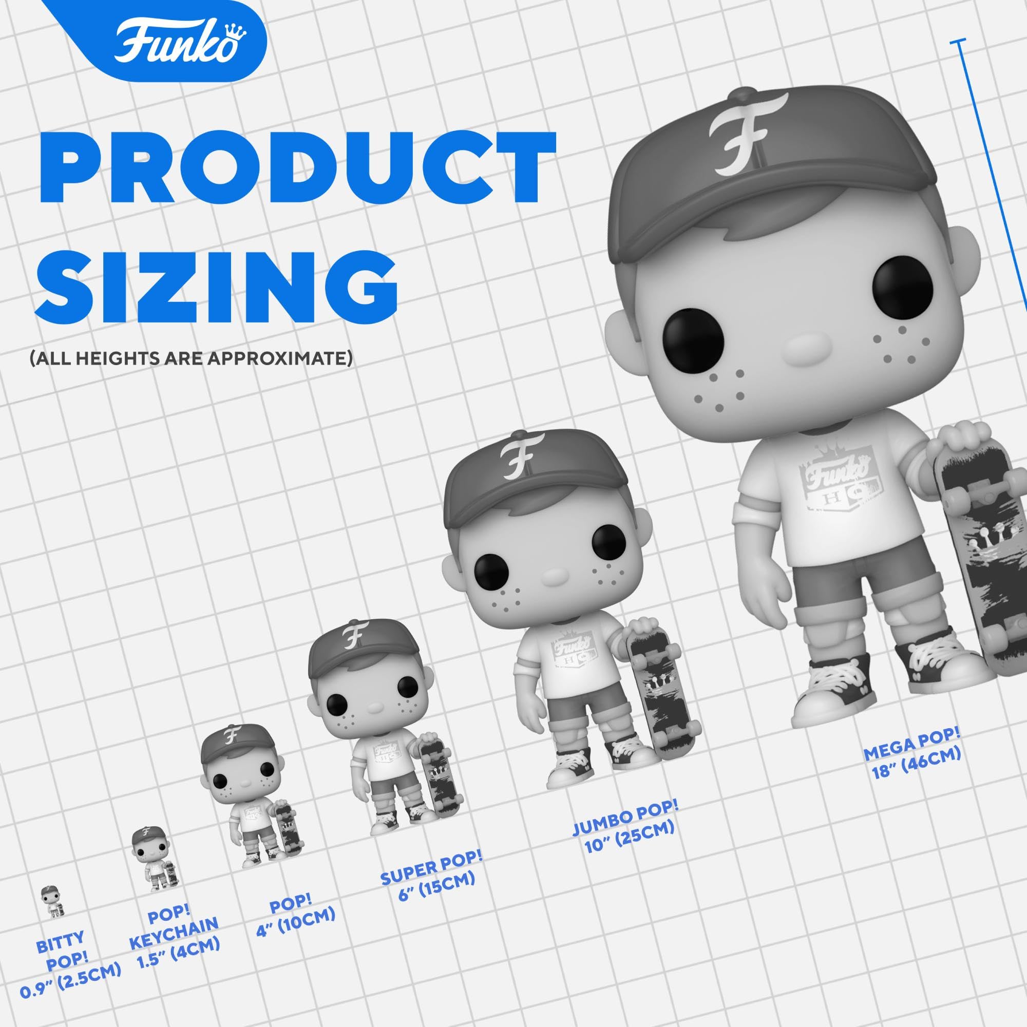 Funko product sizing chart with black cap vinyl figure silhouettes at different heights