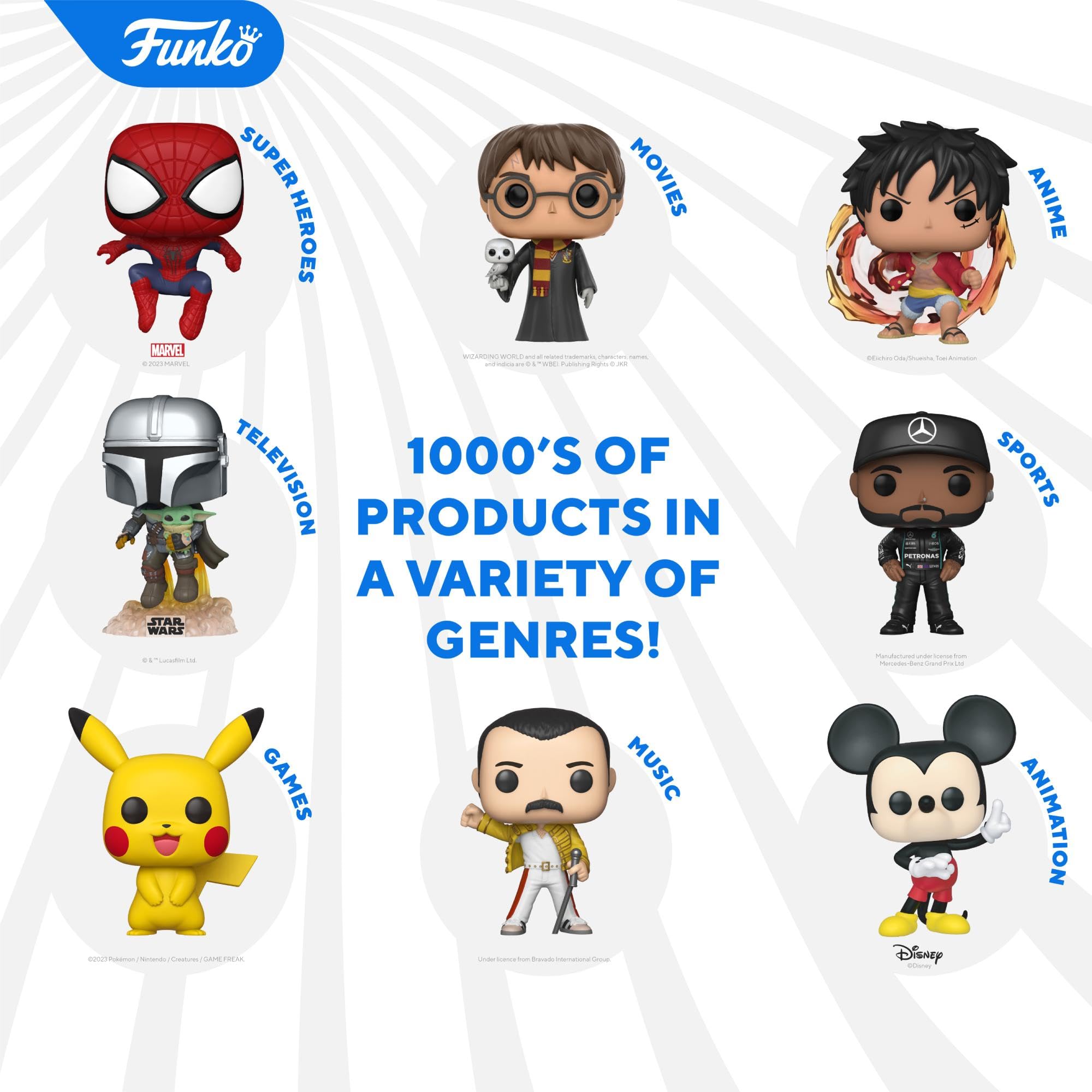 Assorted Funko pop-style character figures standing together, various looks and styles