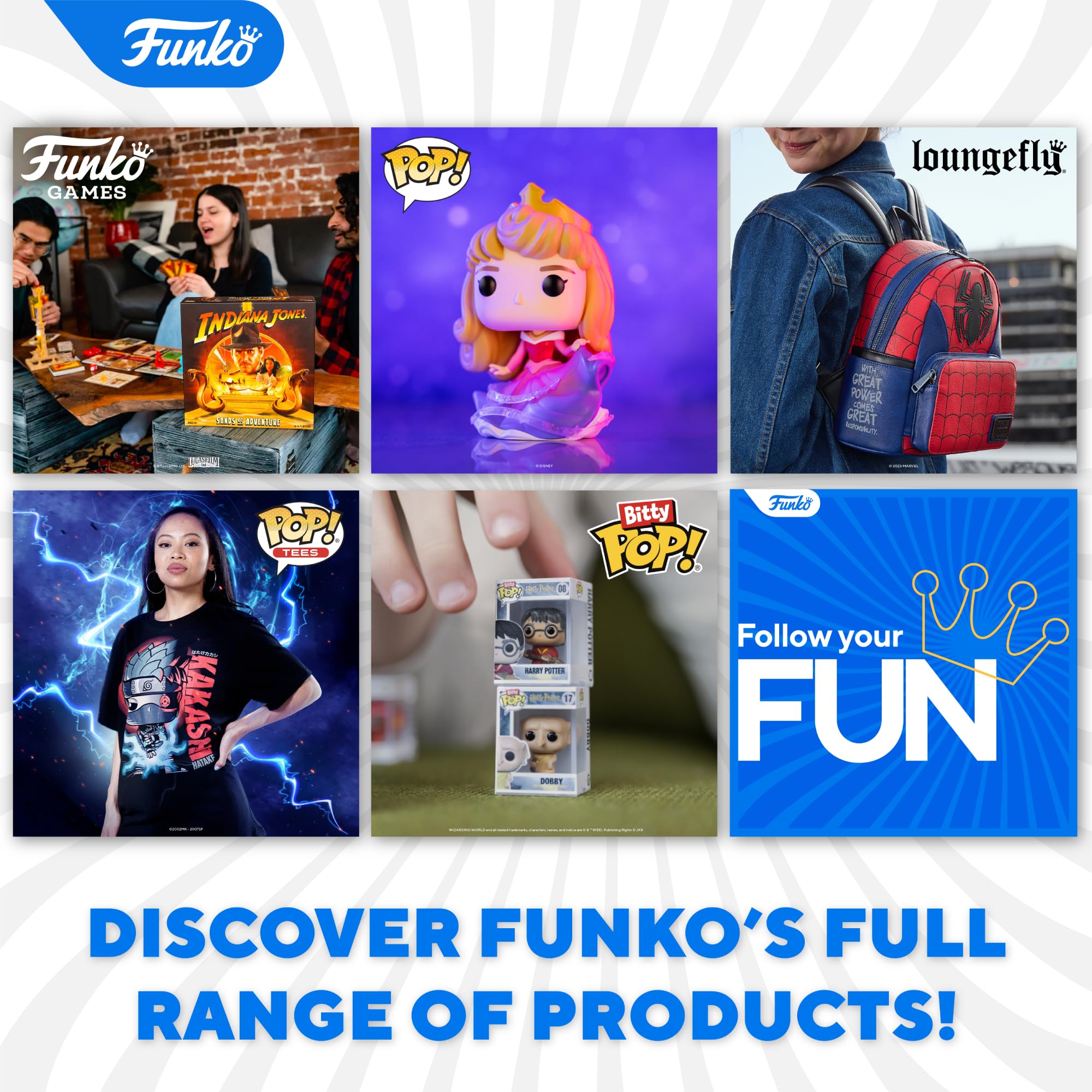 Funko Pop promotional collage with several character photos and a blue banner layout