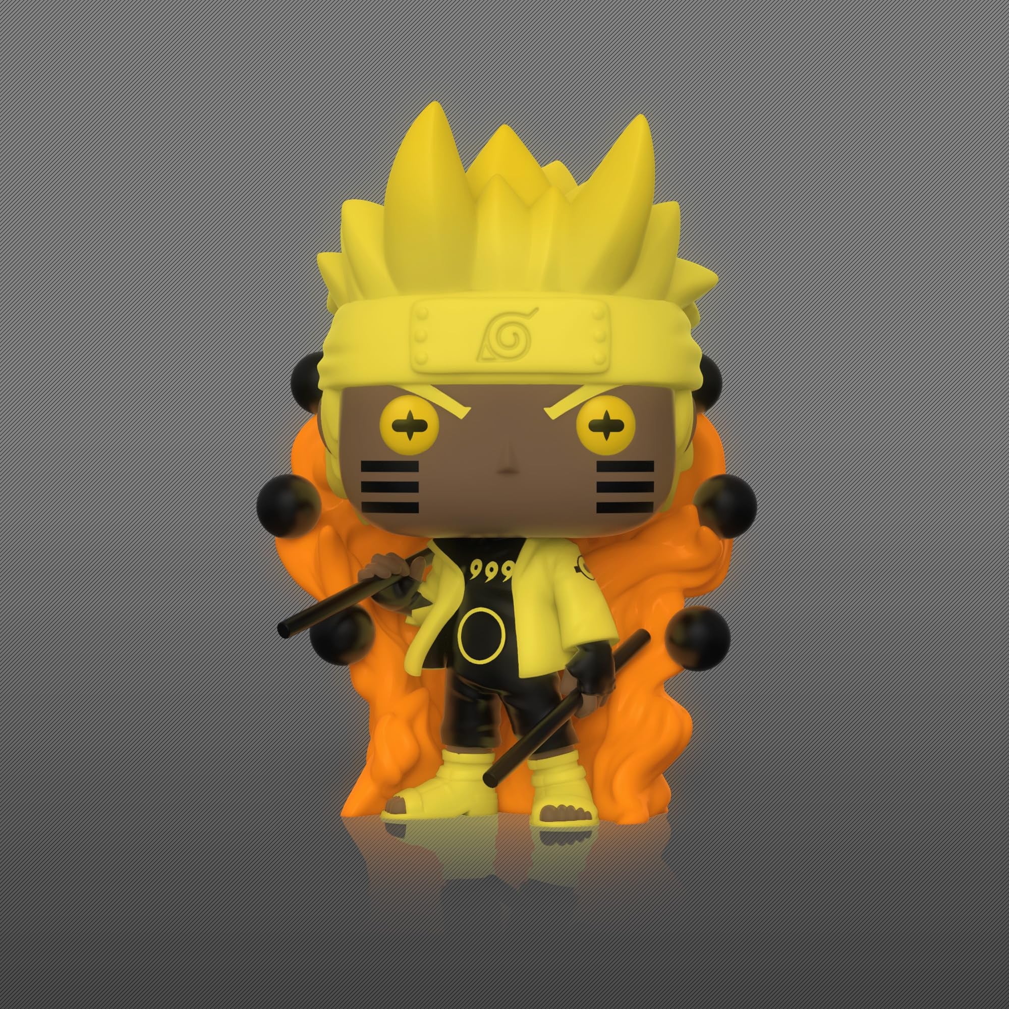 Vinyl collectible ninja figure with spiky yellow hair, orange flame cloak, black outfit, sword