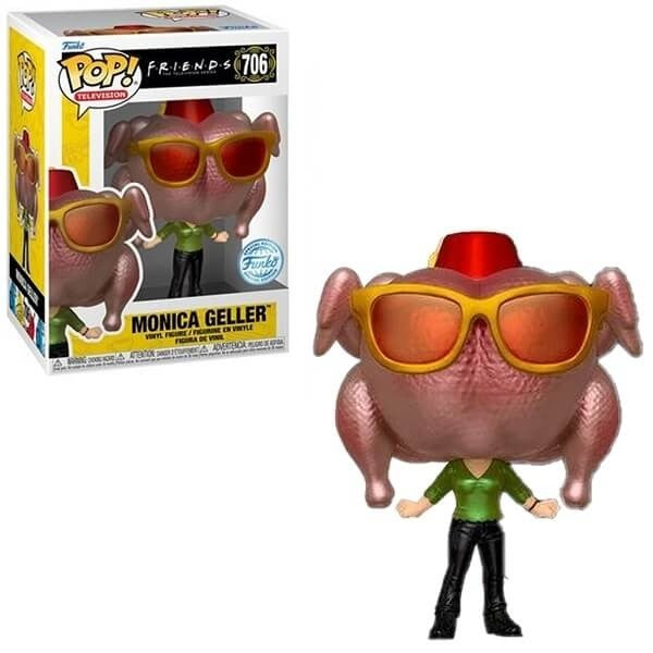 Funko Pop! turkey figure as Monica Geller, red goggles, green top, black pants