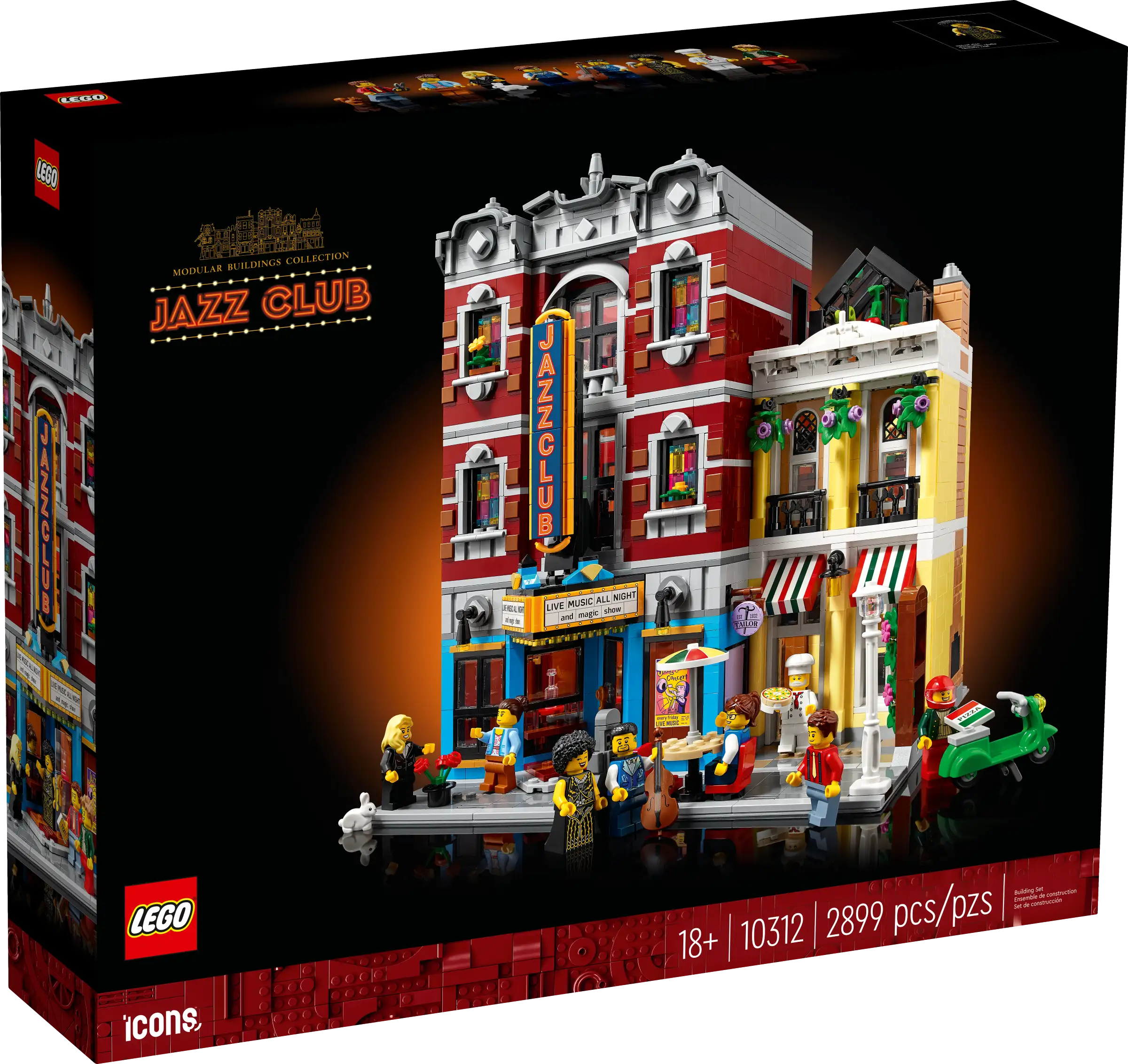 LEGO Jazz Club set packaging with people figures on a black background