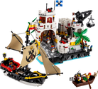 Pirate-themed LEGO set with ship, castle, and figures on a white background
