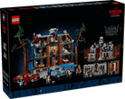 LEGO Stranger Things set packaging with detailed model and characters on a black background