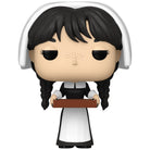 Wednesday Addams Funko Pop vinyl figure with headphones, holding a brown tray