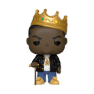 Funko Pop! vinyl figure with smiling face and gold crown, black jacket