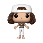 Funko Pop Monica Geller vinyl figure full body, white cap, frizzy brown hair, tan shoes.