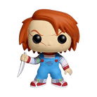 Chucky vinyl figure with orange-brown hair, stitched face, striped sleeves, blue overalls