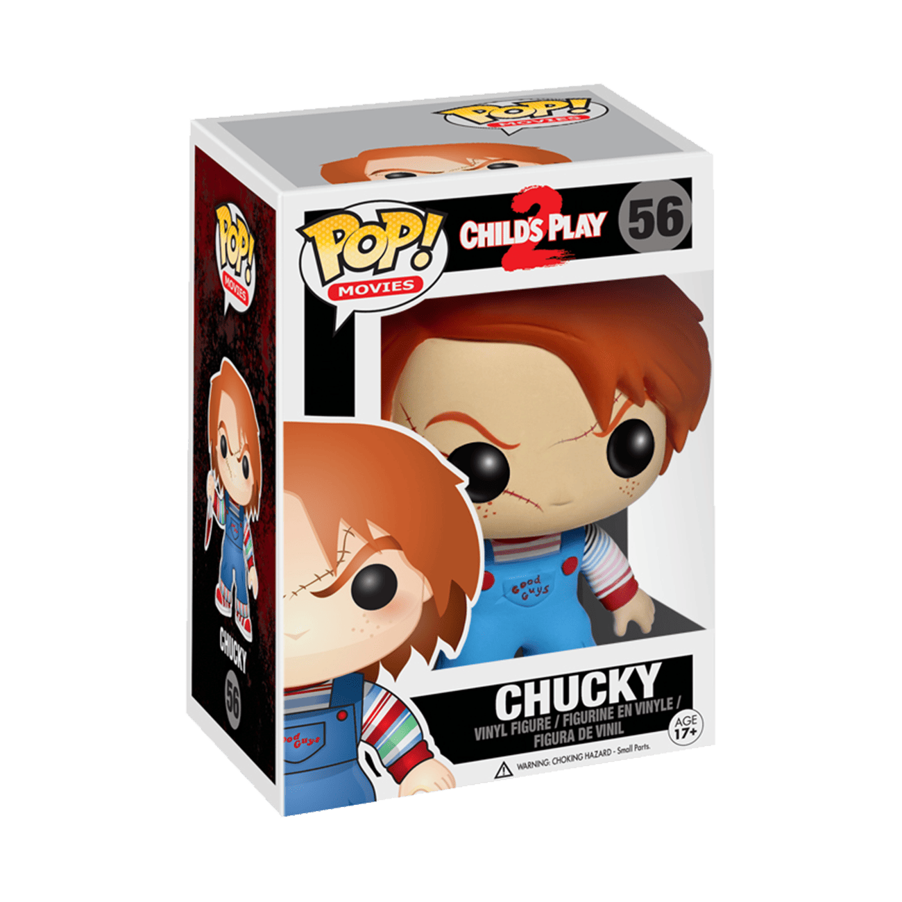 Funko Pop vinyl figure in box, Chucky #56, red-haired doll in blue overalls