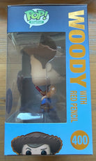 Woody Funko Pop box side panel with number 400 and Woody holding a red pencil
