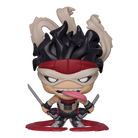 Action figure with black hair, red headband, and weapons on a white background