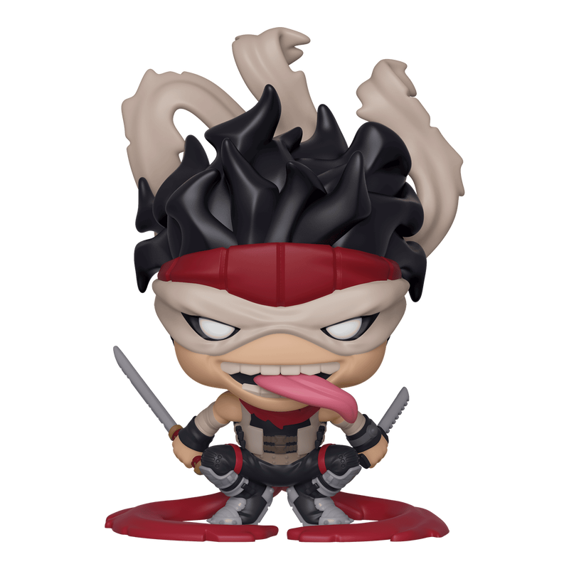 Action figure with black hair, red headband, and weapons on a white background