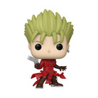 Vinyl collectible figure with lime green spiky hair and red outfit, arms out.