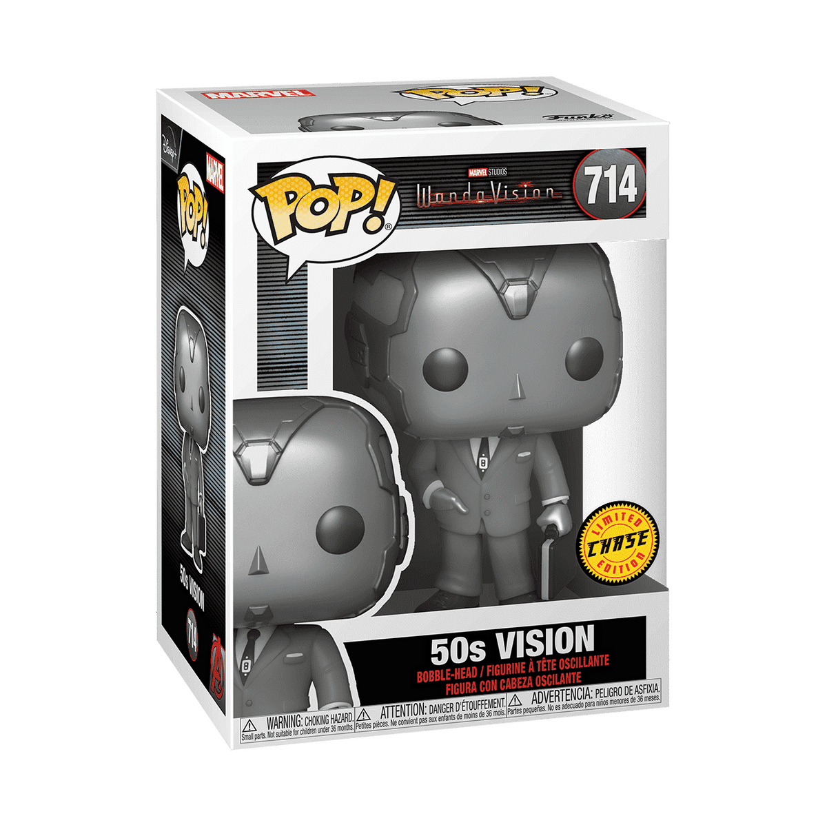 Boxed gray 50s Vision Funko Pop vinyl figure in suit, holding briefcase