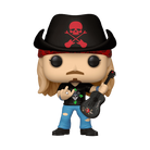 Vinyl figure standing, black hat with red skull, holding electric guitar