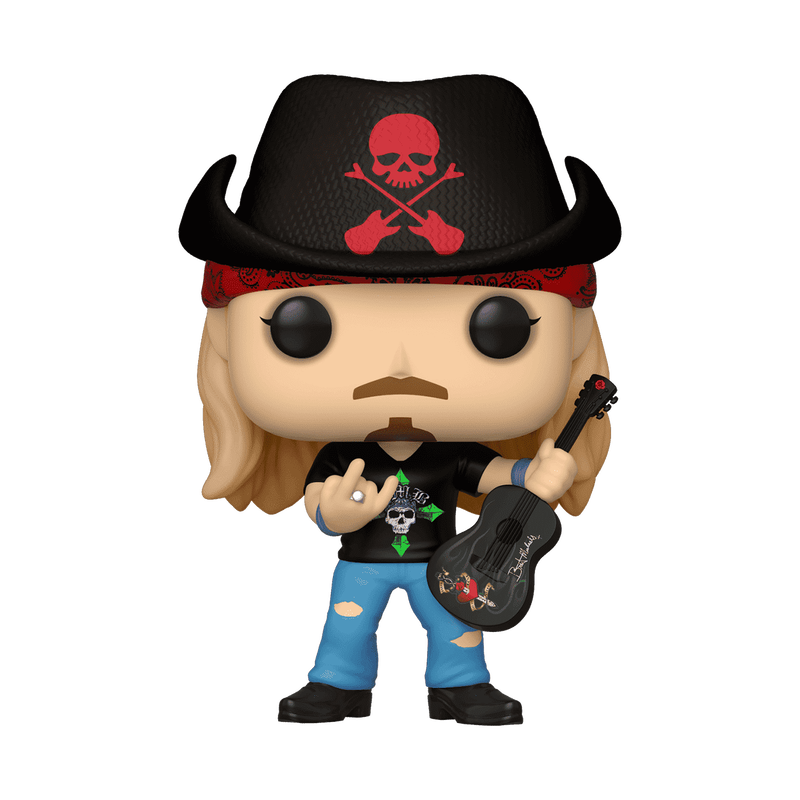 Vinyl figure standing, black hat with red skull, holding electric guitar