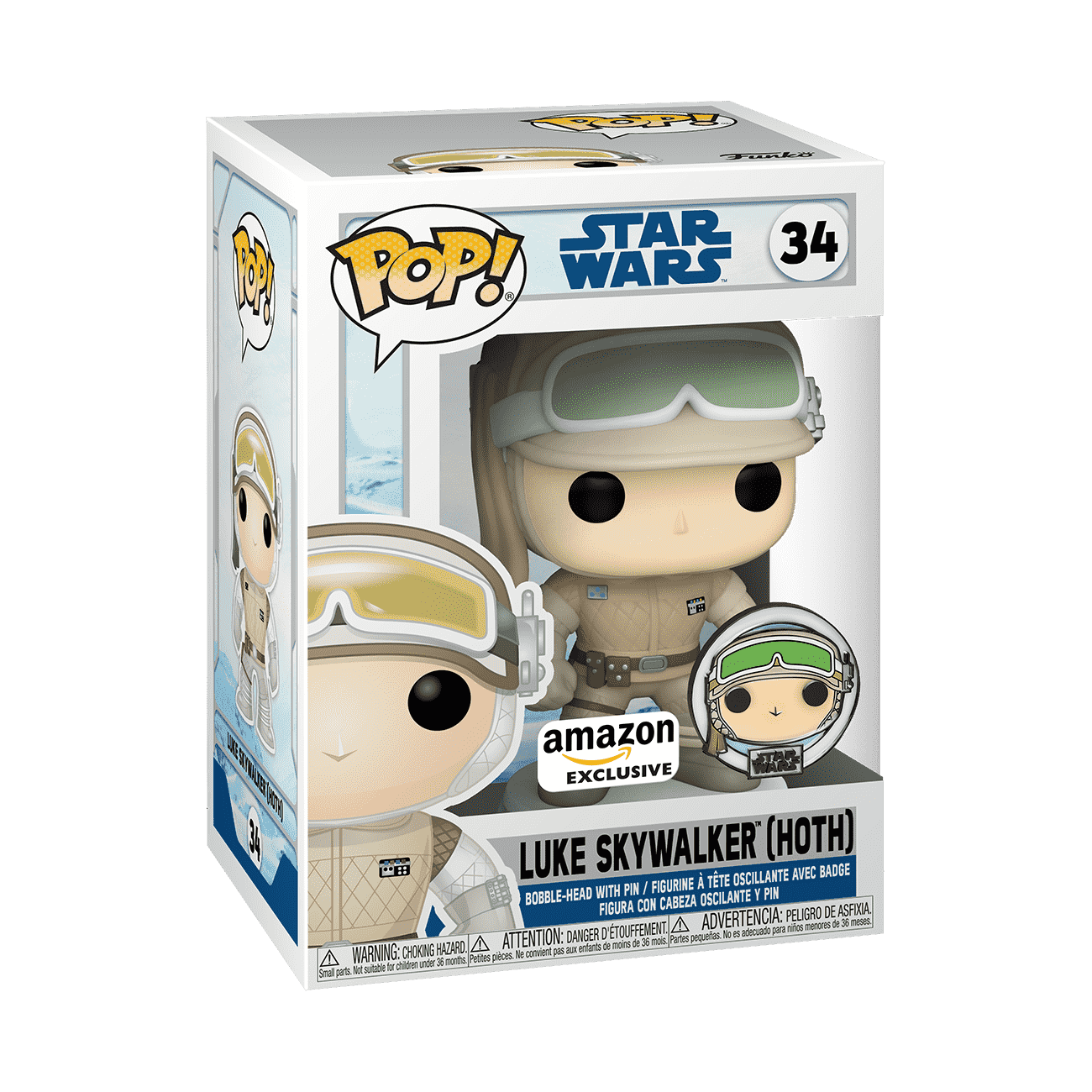 Funko Pop Star Wars Luke Skywalker Hoth figure in box, Amazon Exclusive pin