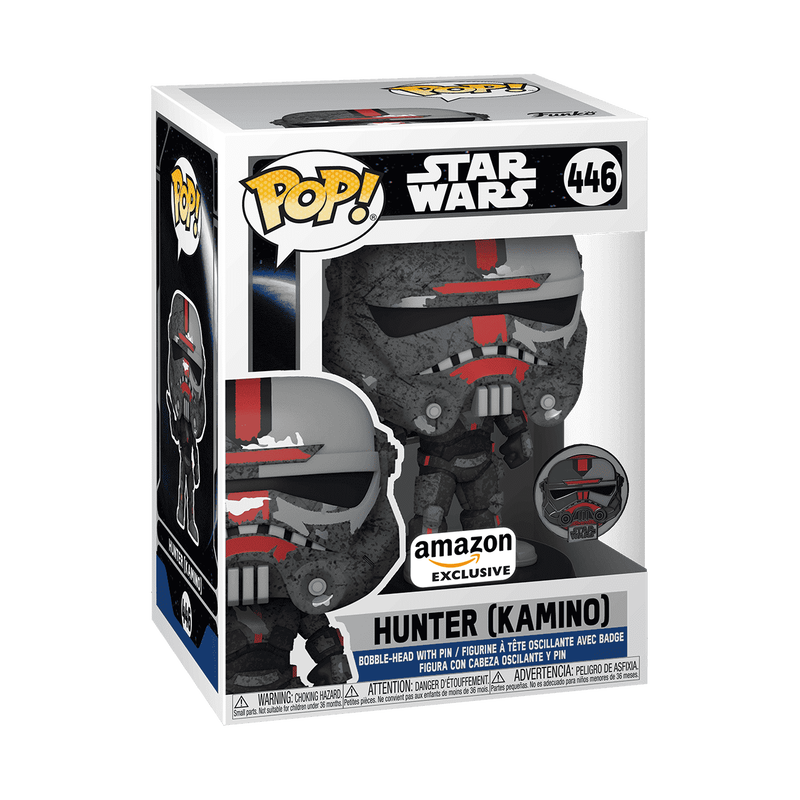 Funko Pop! Star Wars Hunter (Kamino) figure in box, grey armor with red accents, pin.