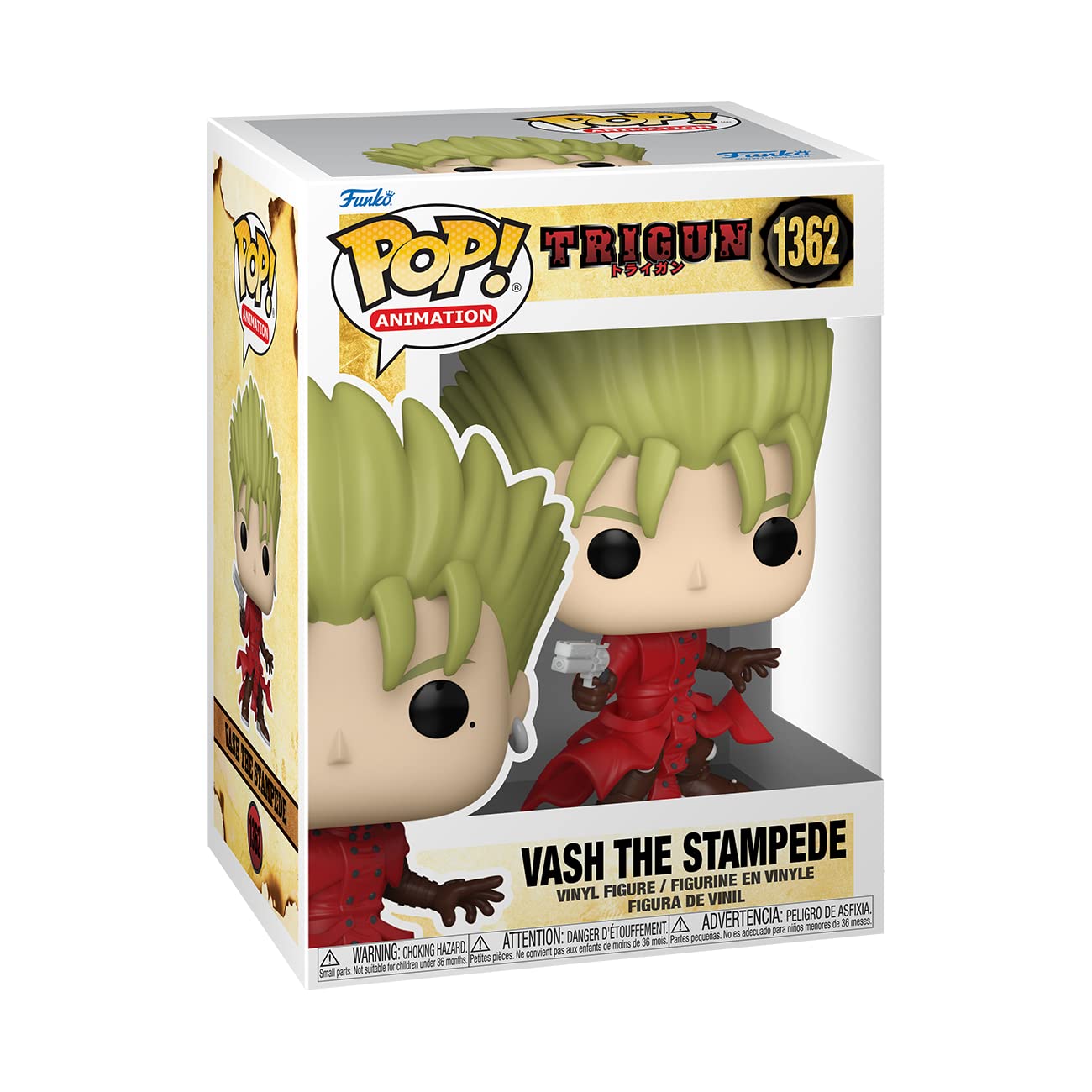 Vinyl collectible figure in window box, lime green spiky hair and red outfit, front.