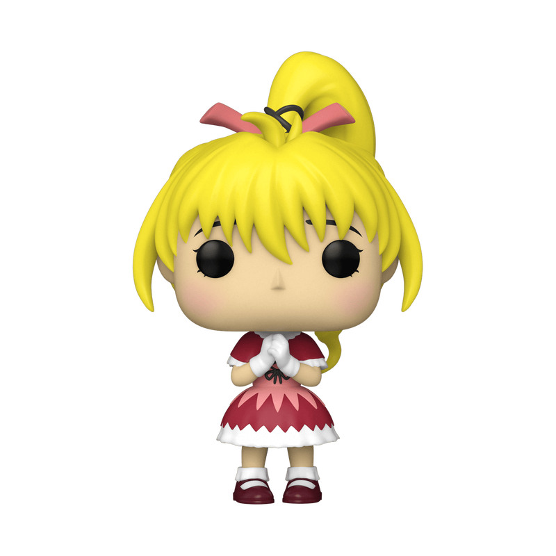 Vinyl collectible figure with blonde pigtails and red-and-white dress