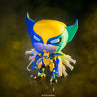 Funko Pop! Mech Strike Wolverine figure posed, blue and yellow armor with green accents