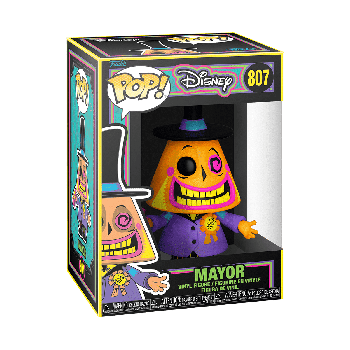 Boxed vinyl figure of Mayor with megaphone, blacklight glow accents