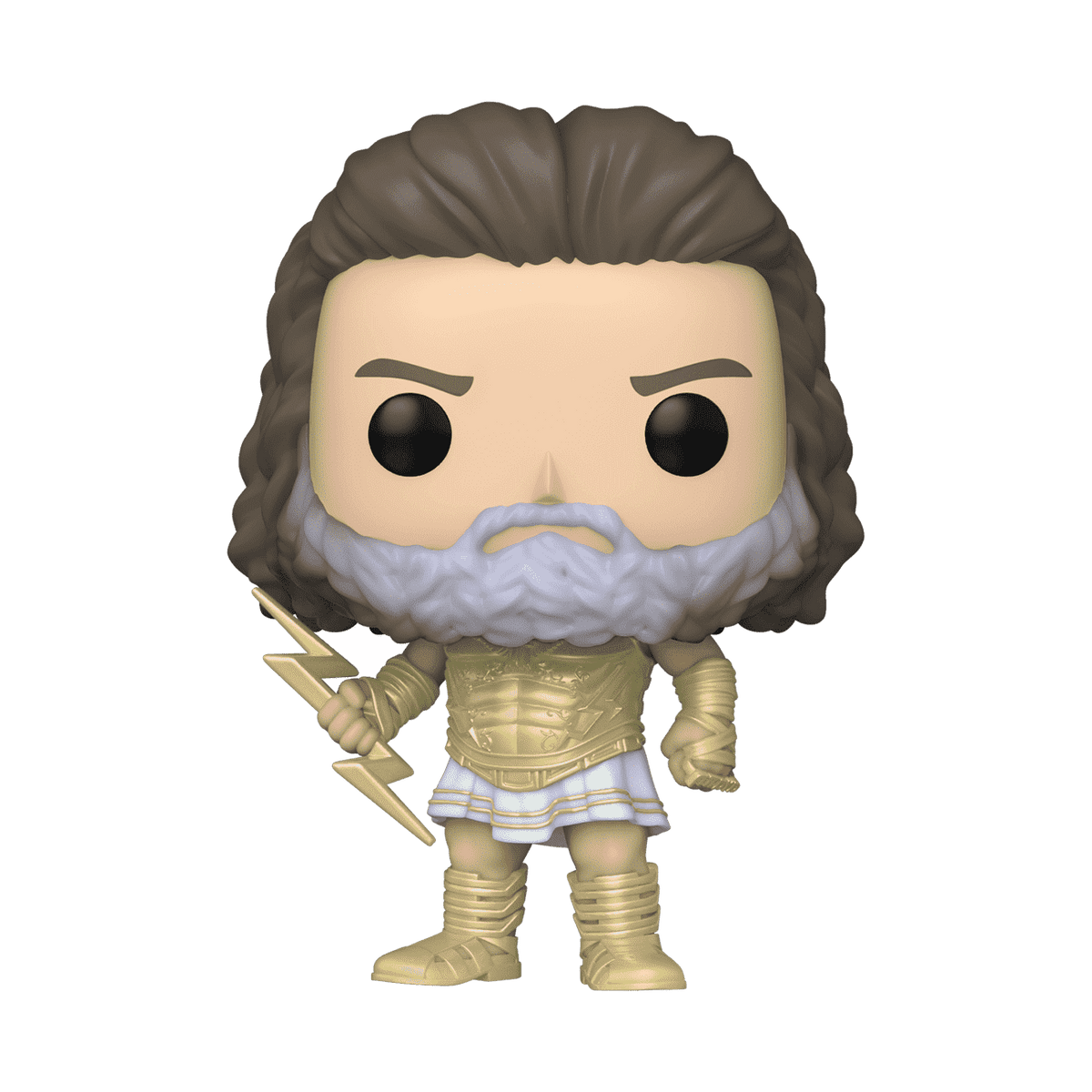 Funko Pop Zeus #1069 figure with curly hair, white beard, gold armor and trident.
