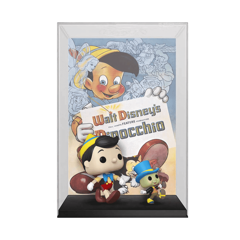 Framed Disney Pinocchio collectible figures with classic movie poster design.