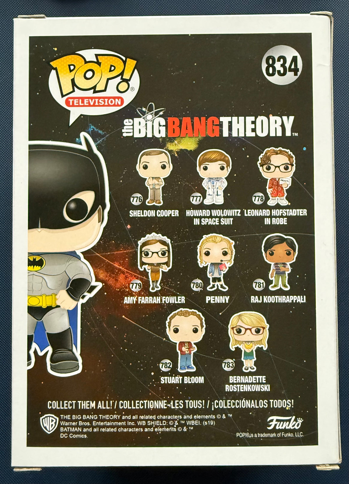 Funko Pop Big Bang Theory character lineup poster on box back with Howard Wolowitz as Batman