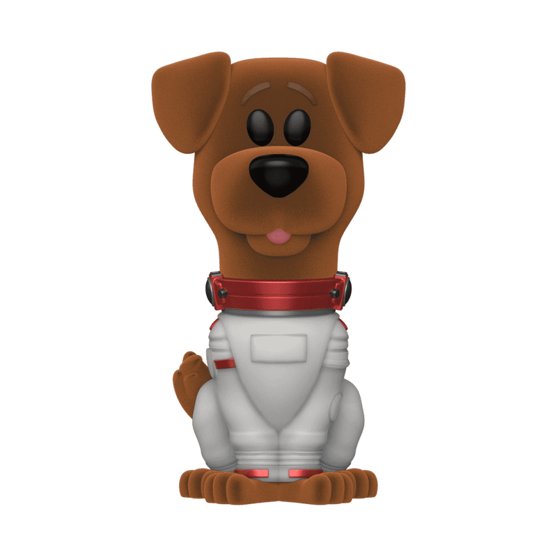 Funko Soda Cosmo dog figure front view in white suit with red collar and black eyes