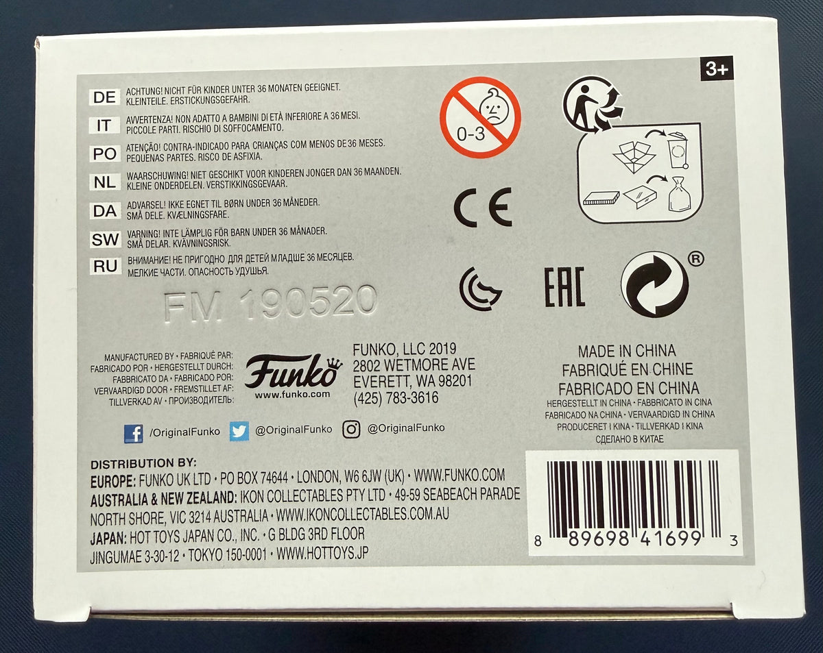 Funko Pop product label on box back with safety icons and Made in China text