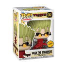 Vinyl collectible figure in window box, lime green spiky hair, black goggles, red outfit.