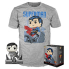 Gray Superman graphic T-shirt with Funko figure and boxed collectible