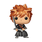 Metallic vinyl figure with spiky orange hair, black robe, holding sword handle