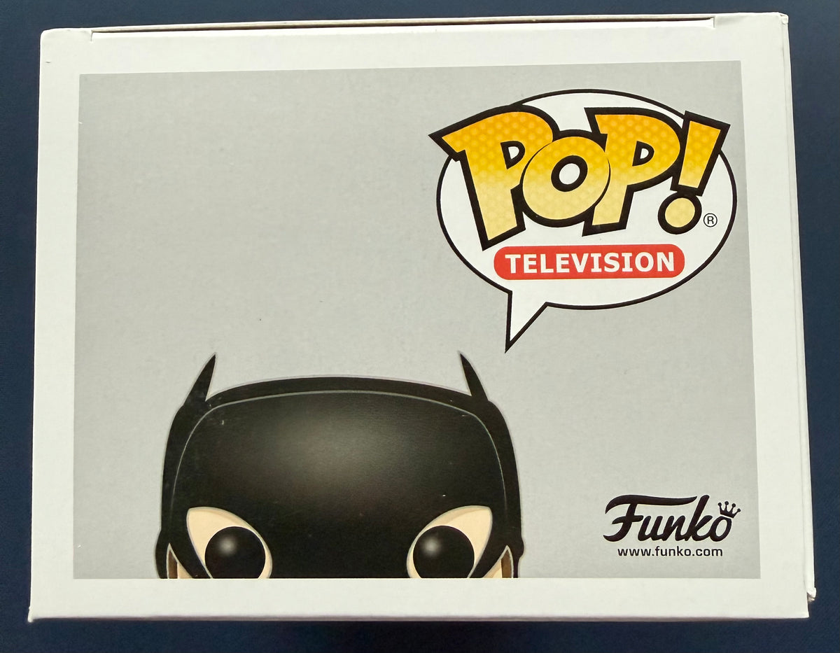 Funko Pop Television logo on white box with Batman head illustration