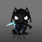 Glow-in-the-dark vinyl figure, black horned character with white eyes and blue blade