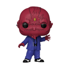 Vinyl collectible figure with red demon head, blue jacket, hands raised, black eyes