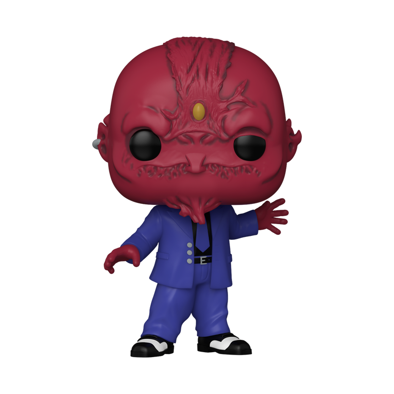 Vinyl collectible figure with red demon head, blue jacket, hands raised, black eyes